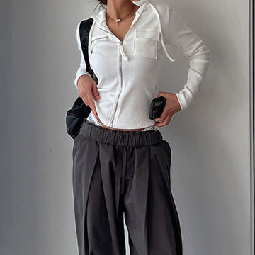 2024 New Early Autumn Women's Casual Fashion Short Solid Color Threaded Pocket Zipper Long-Sleeved Jacket